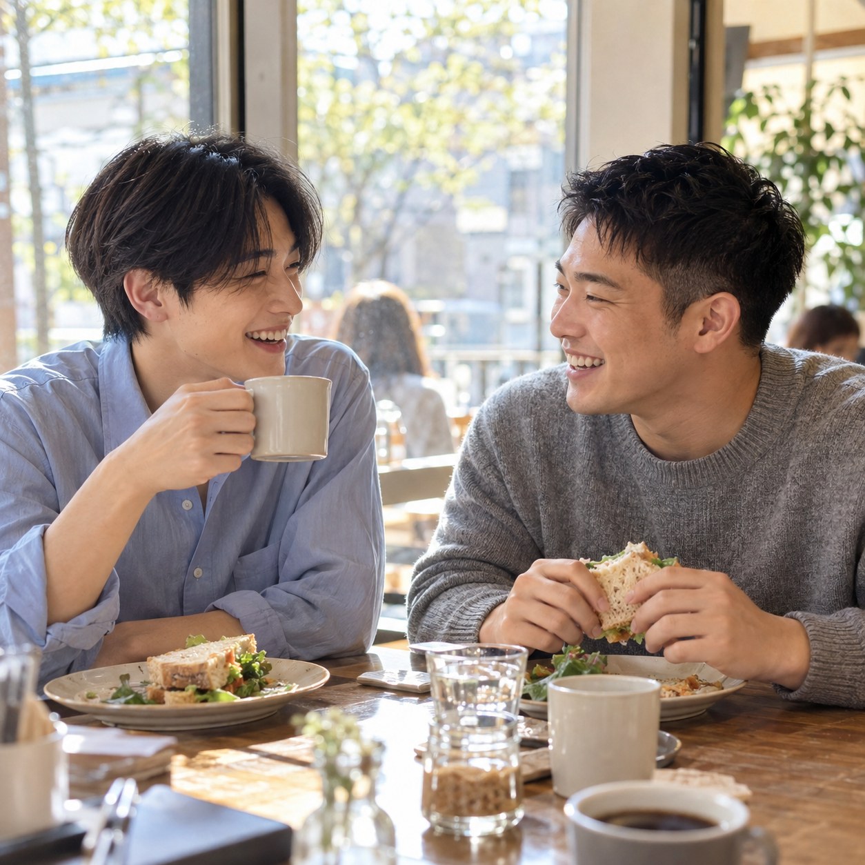 カフェで向かい合って笑う2人