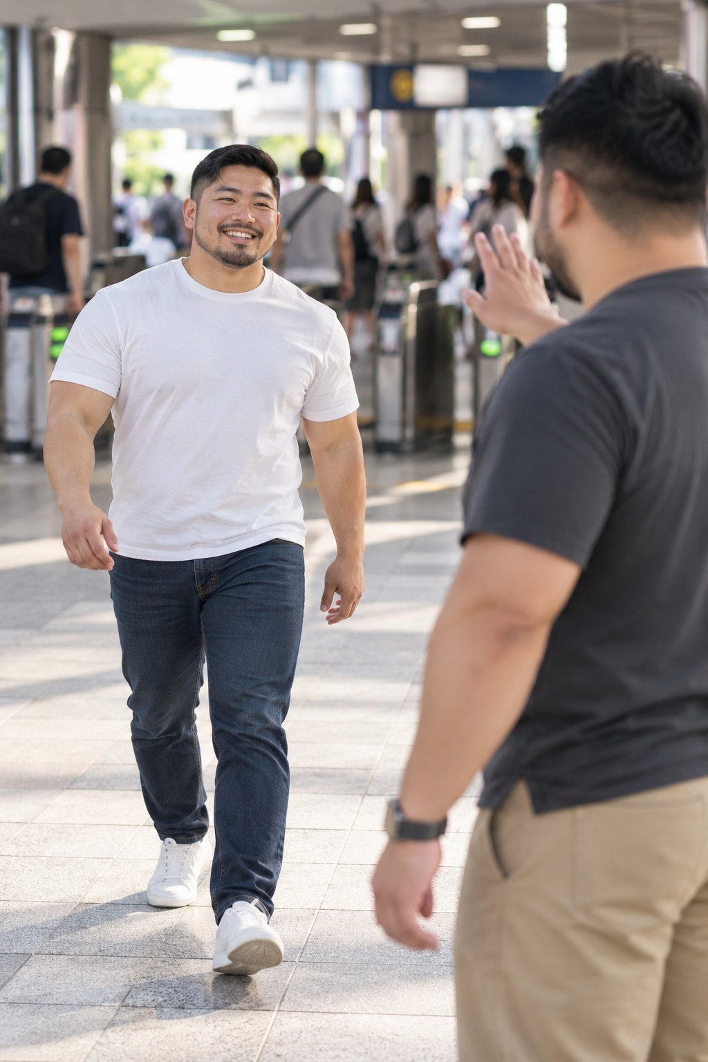 駅の改札の前で待ち合わせをする2人